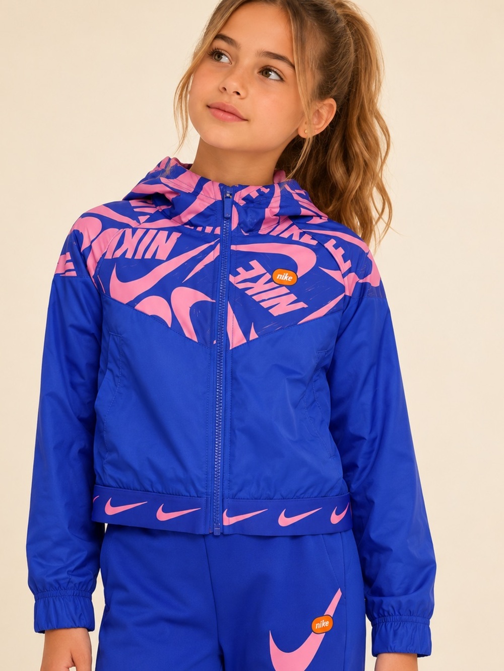 Girls Nike Sportswear Blue & Pink Hooded Jacket / Lightweight Nike Jacket